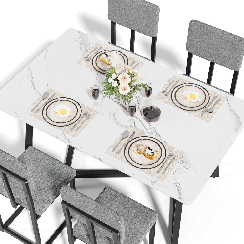 PORKISS 5 Piece Dining Table Set, Modern Faux Marble Tabletop and 4 Linen Upholstered Chairs, Rectangle Kitchen Table and Chairs for 4, White + Gray(Linen)