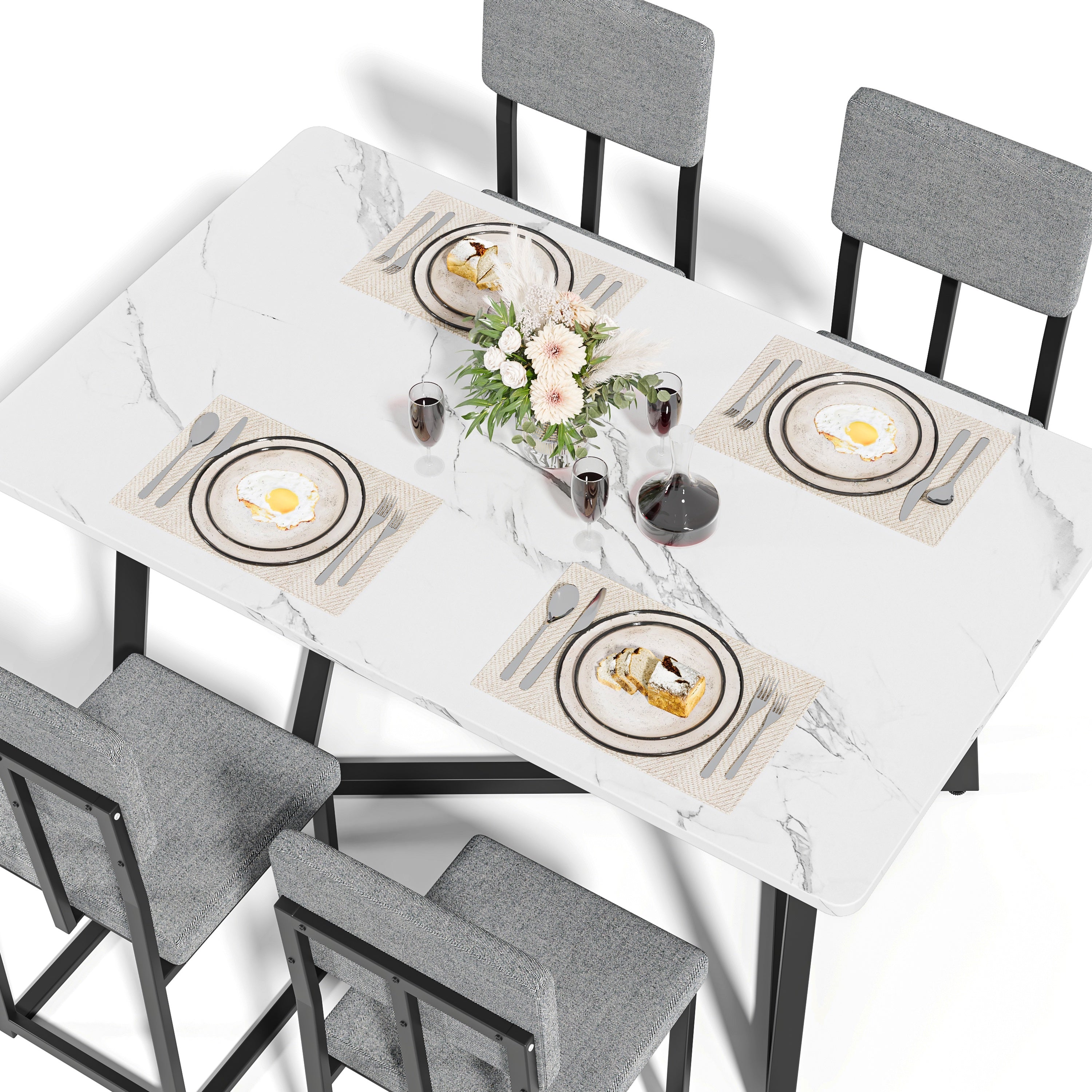 PORKISS 5 Piece Dining Table Set, Modern Faux Marble Tabletop and 4 Linen Upholstered Chairs, Rectangle Kitchen Table and Chairs for 4, White + Gray(Linen)