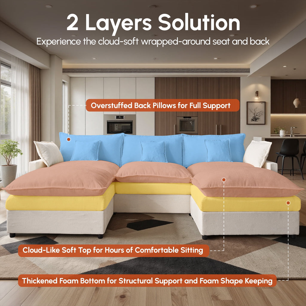 Ovios 108 Modular Sectional Sofa U-Shaped Cloud Couch with 2 Ottomans, Comfy Living Room Furniture, Chenille, Camel