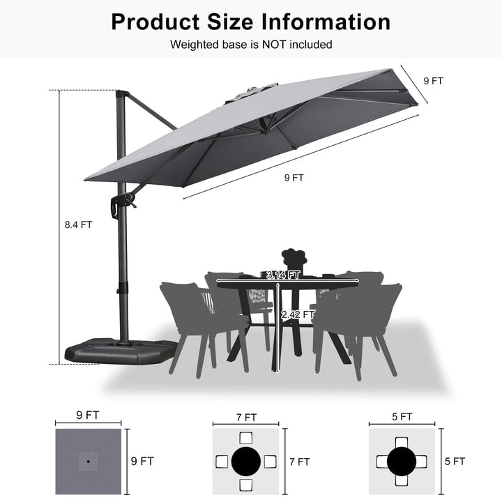 PURPLE LEAF 10x10 Ft Cantilever Umbrella Square Outdoor Patio Umbrella Large Offset Hanging Umbrella Aluminum Umbrella with 360°Rotation Adjustable Garden Pool Umbrella,Gray