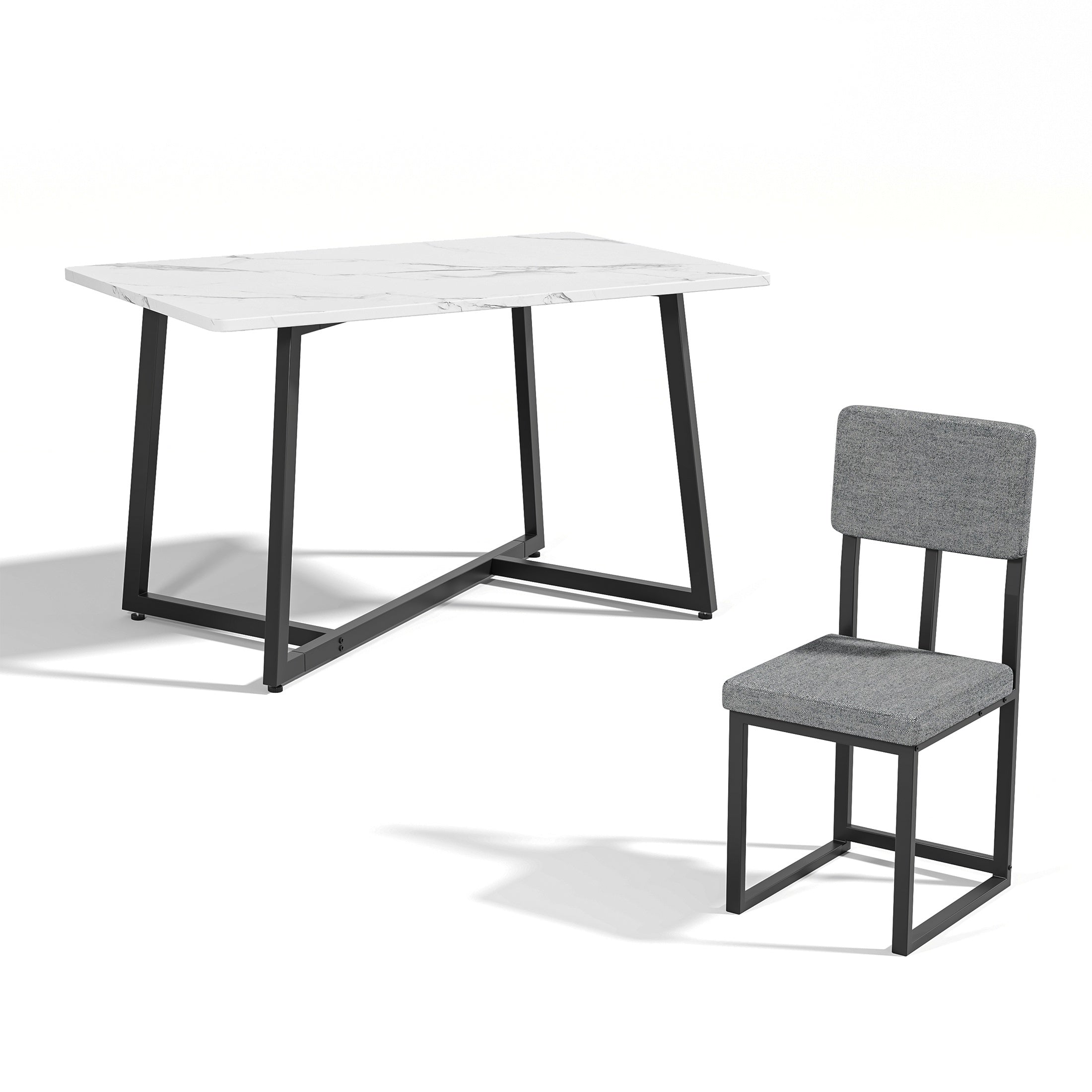 PORKISS 5 Piece Dining Table Set, Modern Faux Marble Tabletop and 4 Linen Upholstered Chairs, Rectangle Kitchen Table and Chairs for 4, White + Gray(Linen)