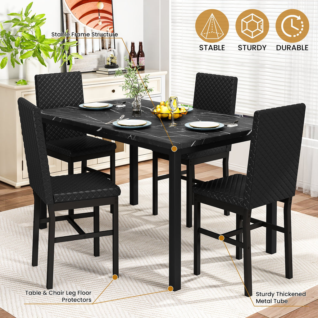 Cvortll 5 Piece Dining Table Set, Kitchen Table and Chairs Set for 4 with Faux Marble and 4 Velvet Upholstered Dining Chairs for Home, Restaurant, Black & Black
