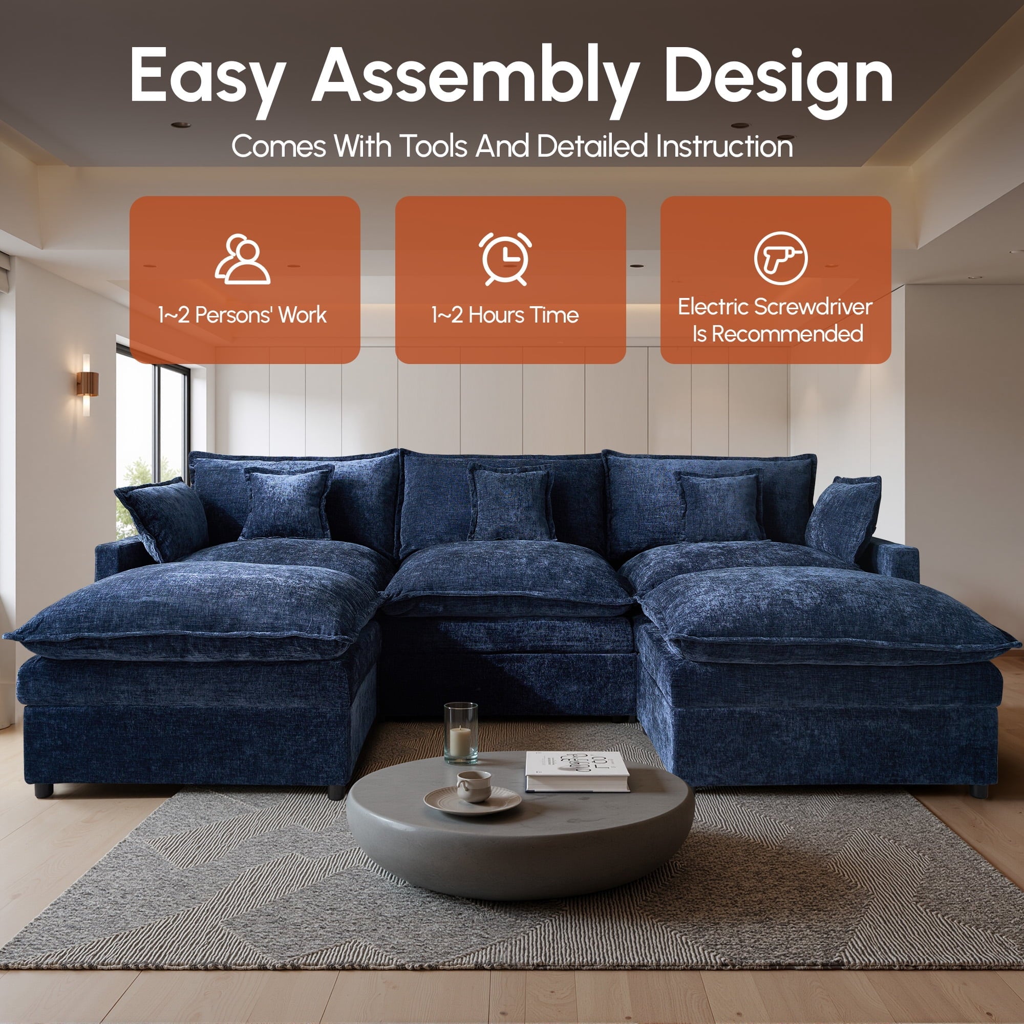 Ovios 108 Modular Sectional Sofa U-Shaped Cloud Couch with 2 Ottomans, Comfy Living Room Furniture, Chenille, Dark Blue