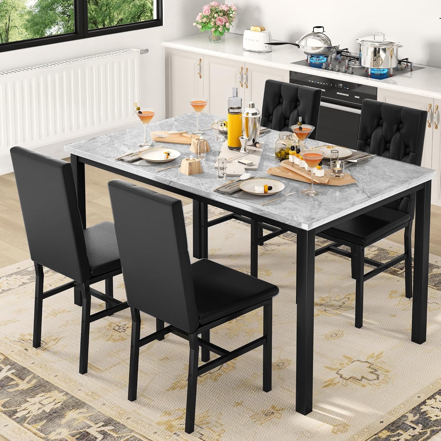 Baxluxe Dining Table Set for 4, Space Saving Rectangle Dining Table with 4 Velvet Dining Chairs, Faux Marble Kitchen Table and Chairs Set, Modern Dining Room Set for Kitchen, Pub, Beige+Gray