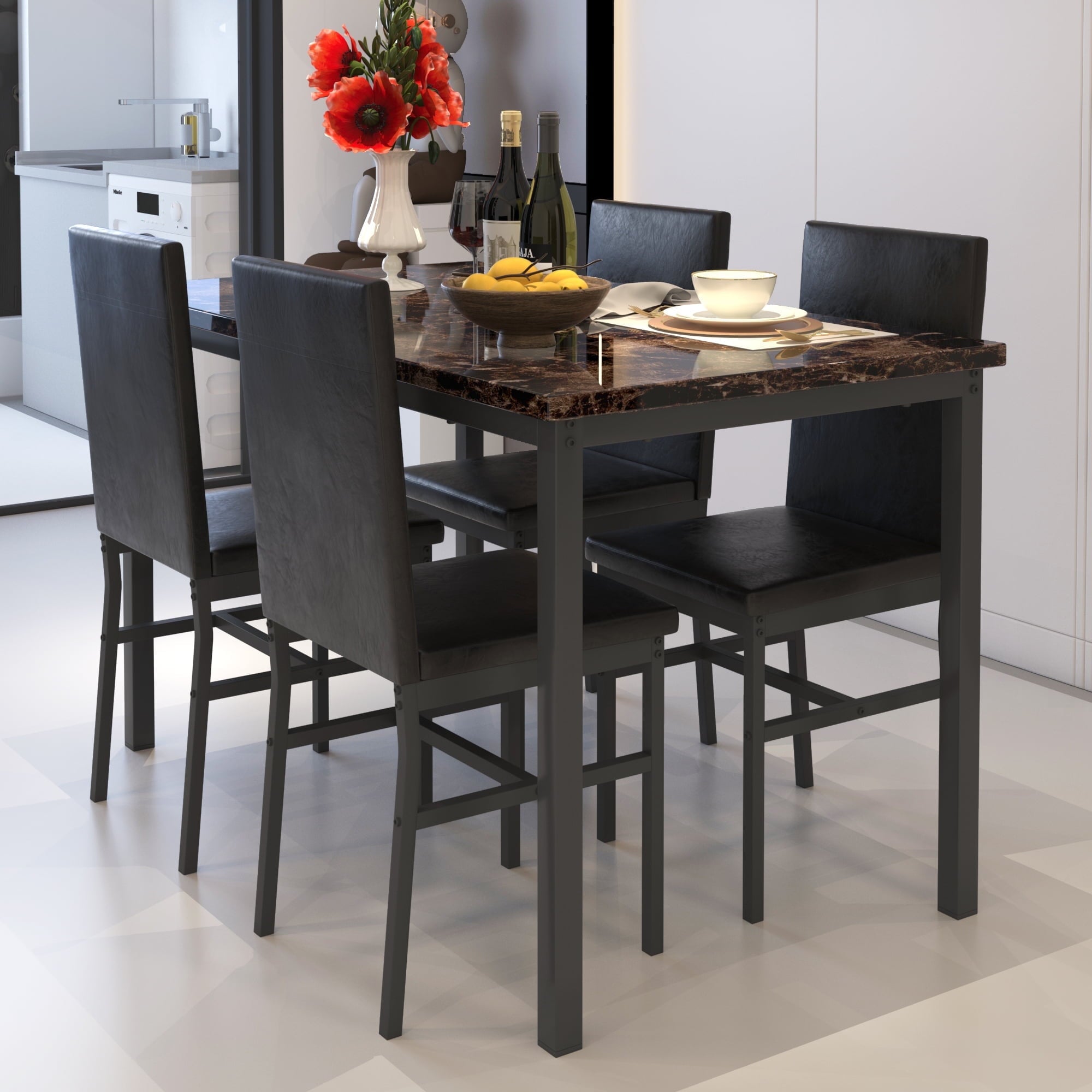 5 Piece Dining Table Set, Modern Faux Marble Tabletop and 4 PU Leather Upholstered Chairs, Rectangle Kitchen Table and Chairs for 4 Persons, Small Dining Set for Bar Dining Room Breakfast Nook