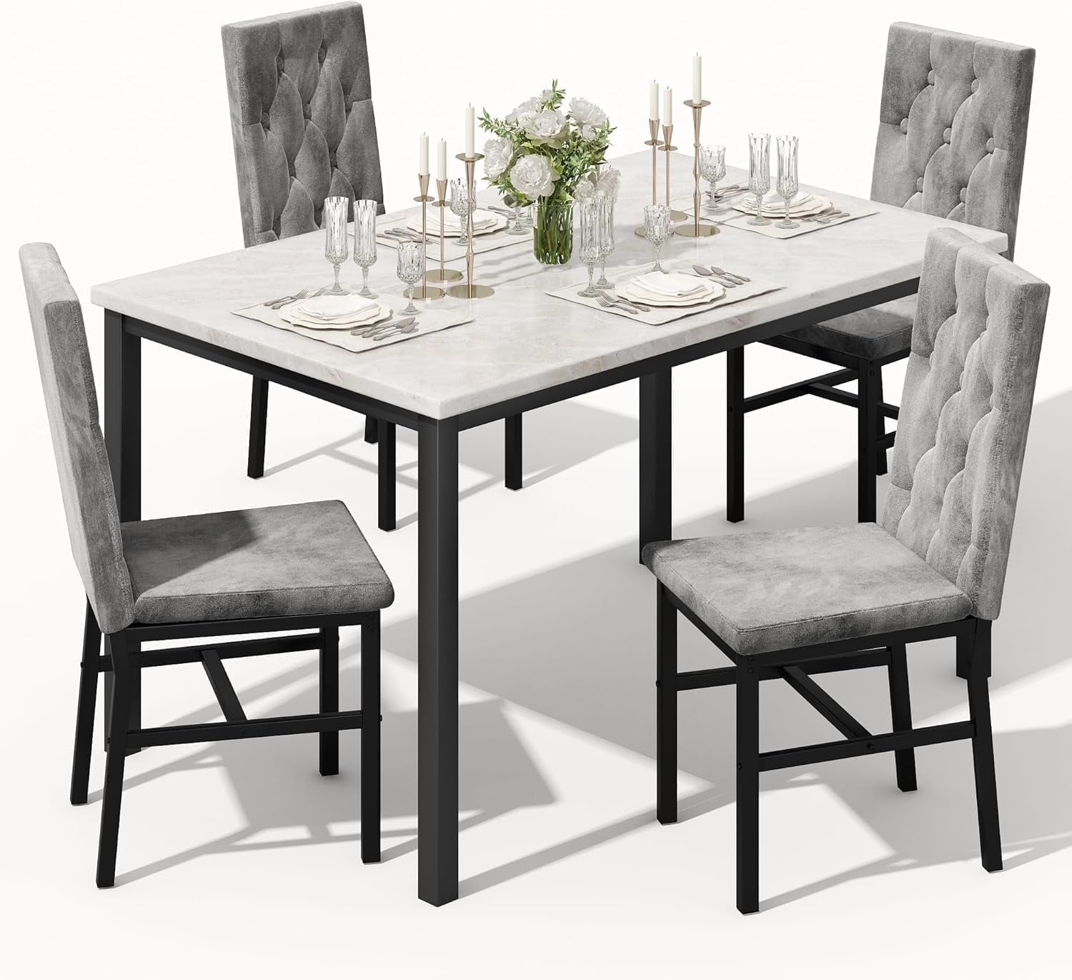 AWQM 5 Piece Dining Table Set, Faux Marble Kitchen Table and Chairs for 4, Dining Room Table Set with 4 PU Leather Chairs, White
