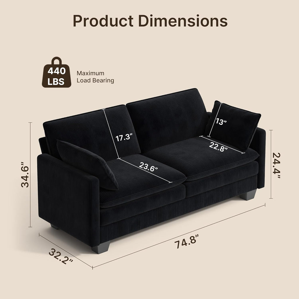 110'' Oversized L Shaped Couch for Living Room, Cloud Couches with Washable Corduroy Cover, Modern 4-Seater Comfy Deep-Seat Sofa with Movable Ottoman and 2 Throw Pillows for Apartment, Gray