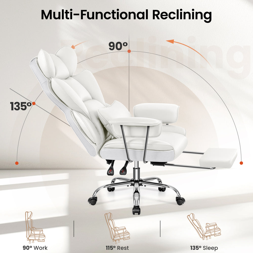 Primy High Back Office Chair, Big and Tall PU Leather Executive Chair with Footrest – Ergonomic Reclining Computer Desk Chair, High-Density Foam, Heavy Duty Swivel Rolling Chair, Black