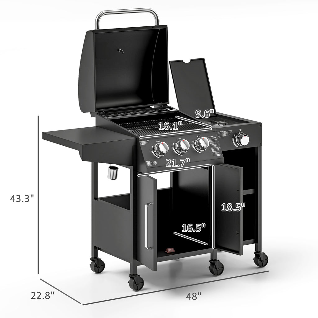 Outsunny 3 Burner Gas Grill with Side Burner, 9.5 KW Output, 310 Sq. in. Cooking Area, Cabinet Style Propane BBQ Grill with Shelves, Black