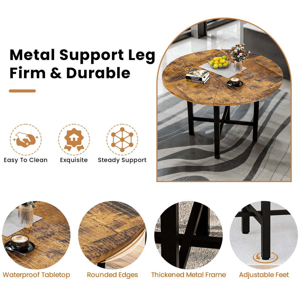 Lamerge Round Dining Table Set for 4,Wood Round Kitchen Table and Chairs Set for 4,Modern Dining Room Table Set with 4 Faux Leather Chairs,Round Dinner Table for Small Space,Brown