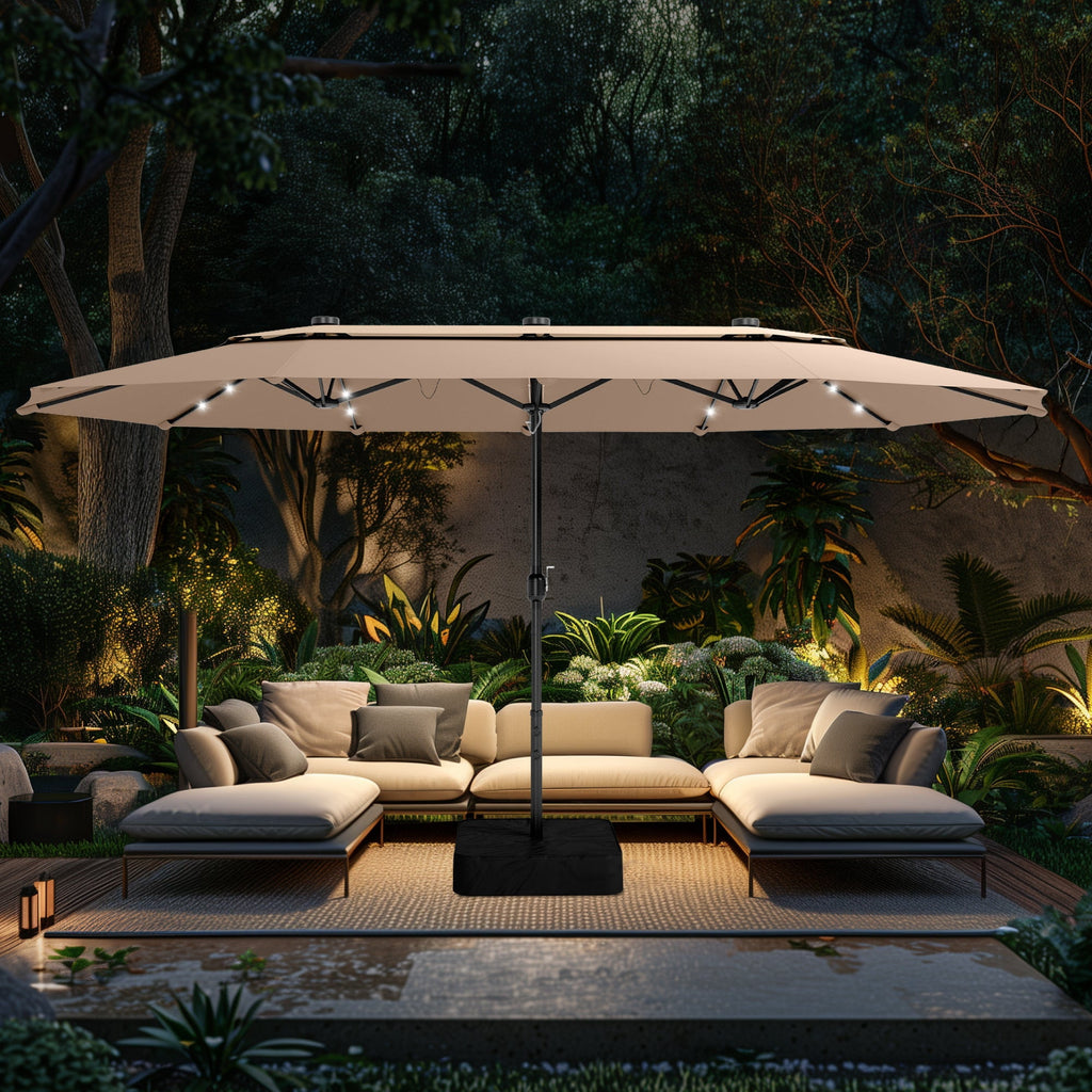Alpha Joy 15ft Dual-Layer Extra Large Outdoor Patio Umbrella Double-Sided Ventilation Umbrella with Led Lights & Umbrella Base, Beige