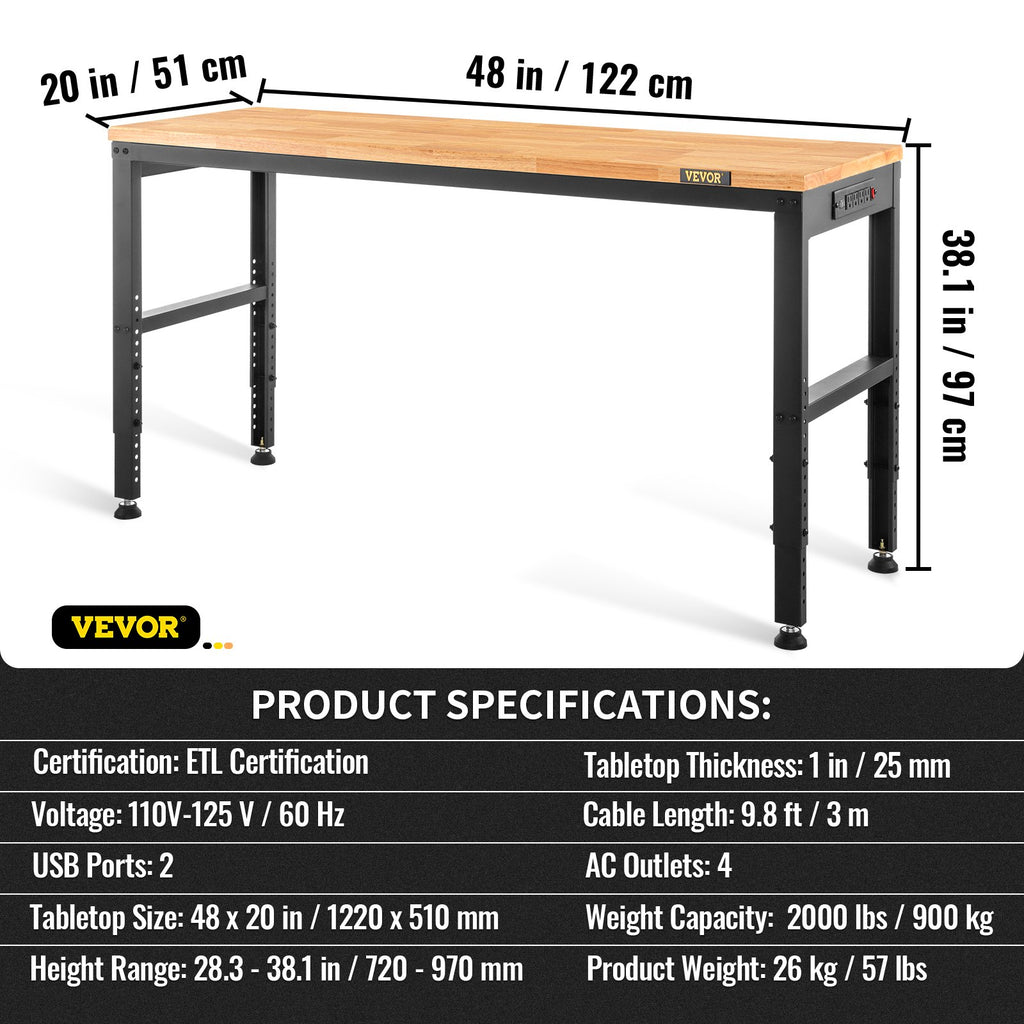 dokea Adjustable Height Workbench - 48 L, 2000 lbs Capacity