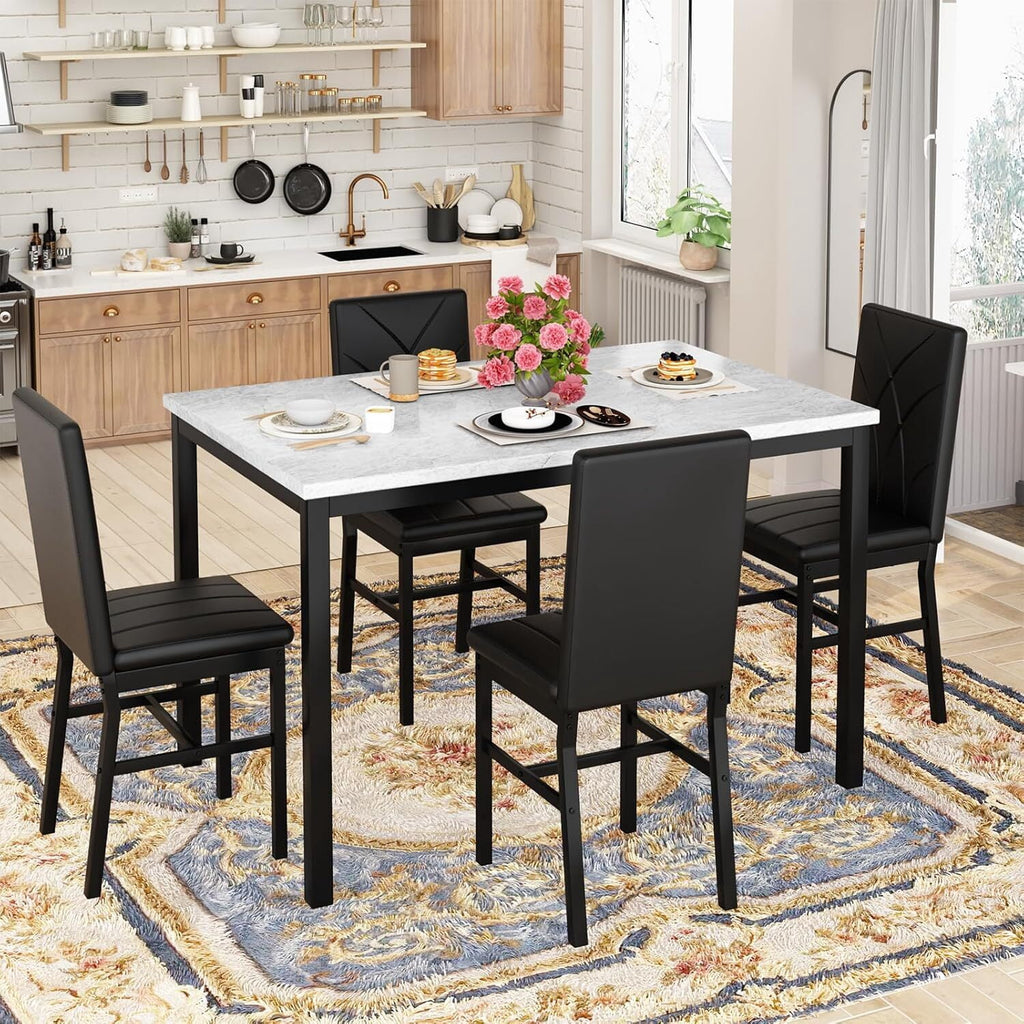 MOOSENG Dining Table Set for 4, Faux Marble Kitchen Table and Chairs Set of 4, 5-Piece Dining Room Set with PU Leather Upholstered Chairs for Small Space, Gray