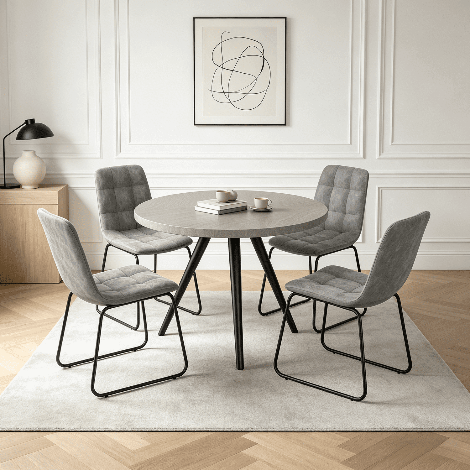 34.8 Round Dining Table for 4 People, Modern Circle Kitchen Table with Metal Legs for Kitchen, Dining Room, Apartment,Gray