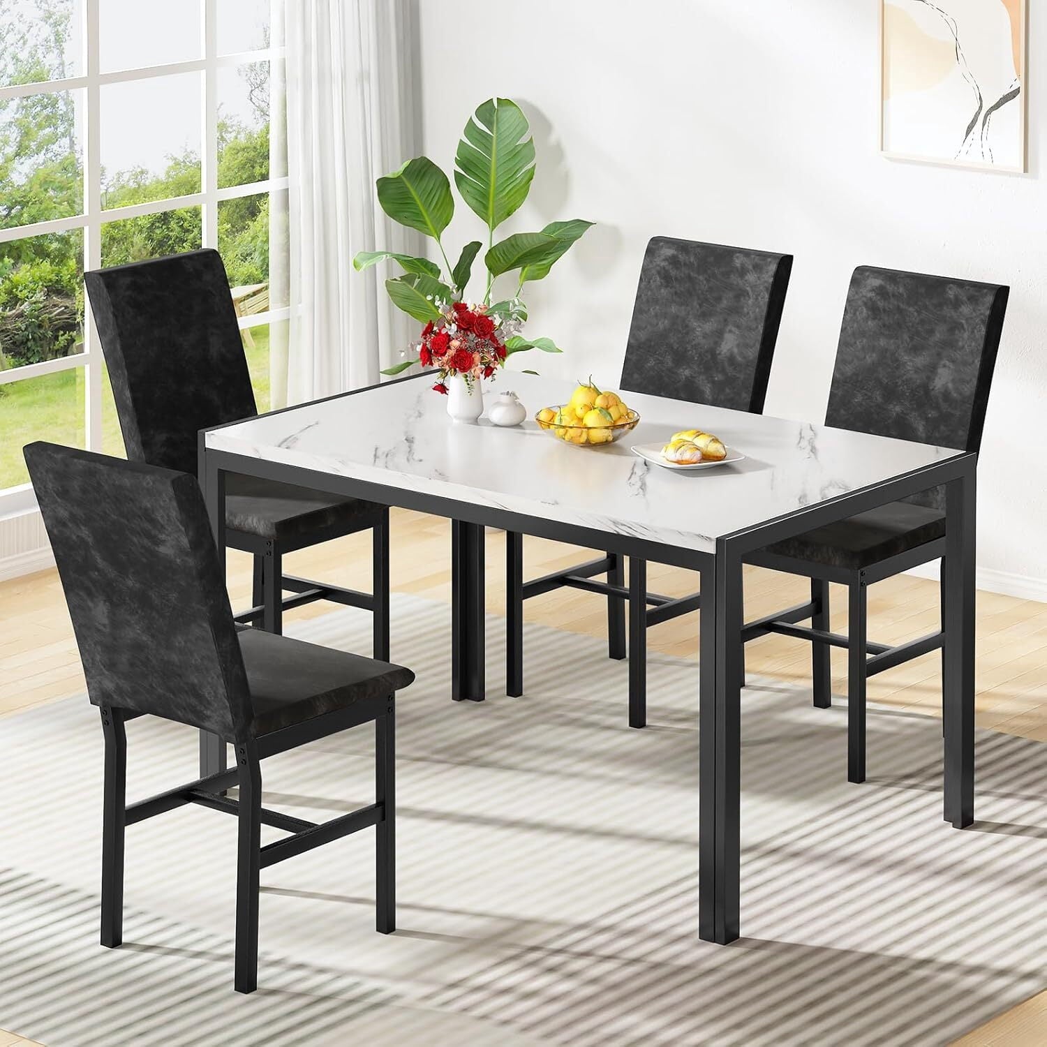 MOOSENG 5-Piece Dining Table Set with Faux Marble Top, Modern Kitchen Table and Set of 4 Grey Velvet Upholstered Chairs, Space-Saving Dinette Set for Small Spaces