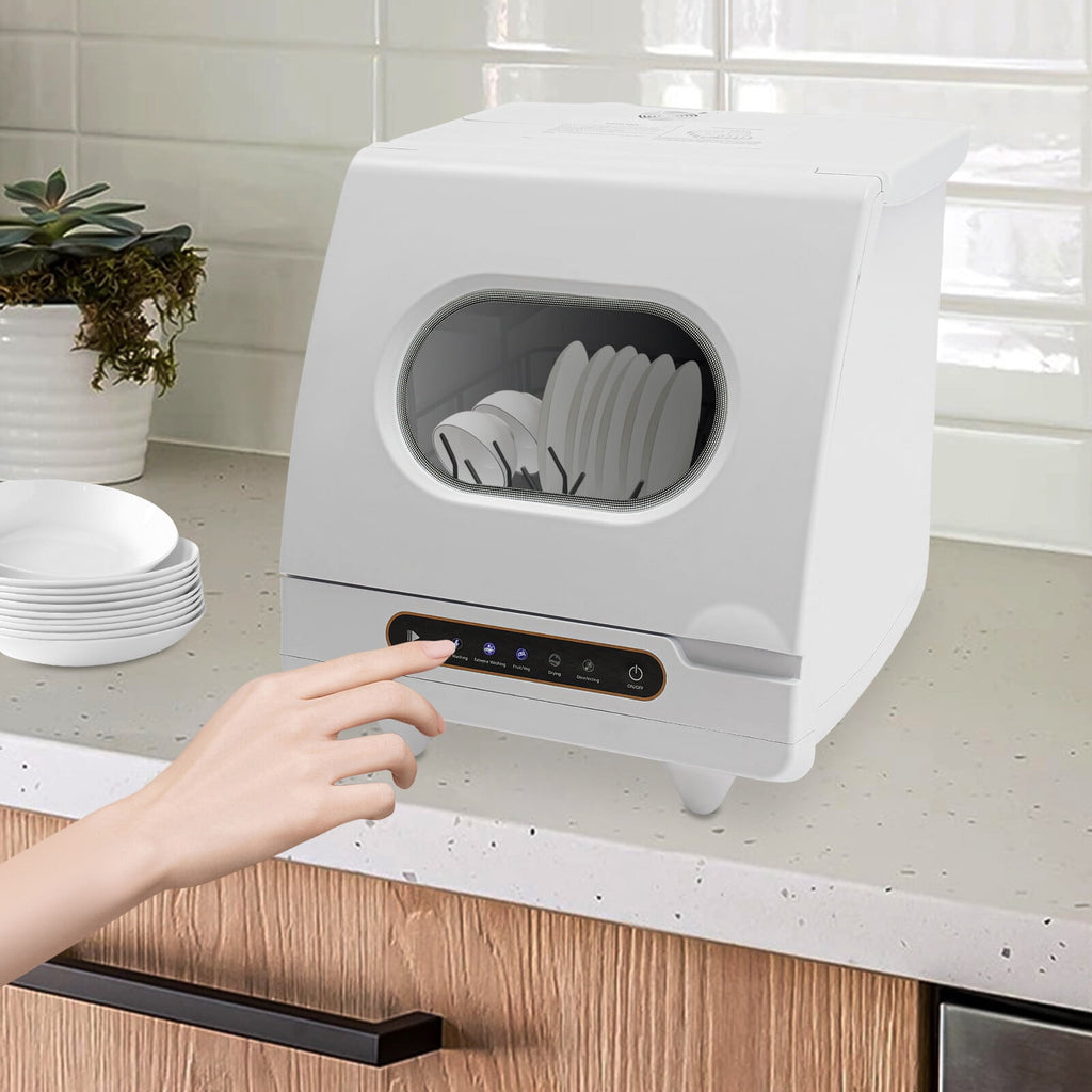 Portable Countertop Dishwasher 5 Washing Programs with Water Tank Leak-Proof Dry 360° Rotation Flushing, Uitable for Homes Kitchen Apartments Dormitories Campers