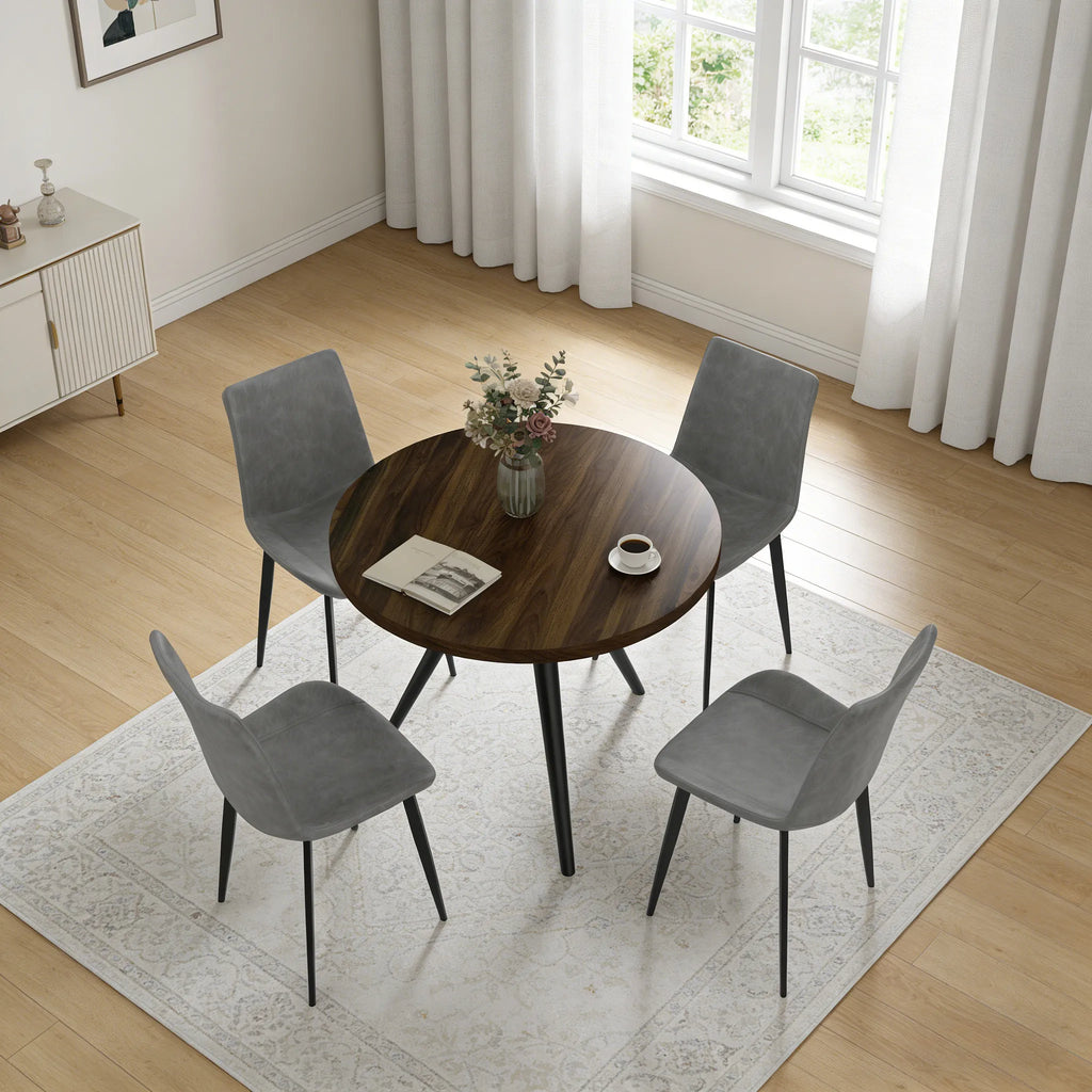 34.8 Round Dining Table Set for 4,5 Piece Mid-Century Modern Dining Set with 4 Upholstered Dining Chairs,Leisure Coffee Table for Kitchen Dining Room, Save Space