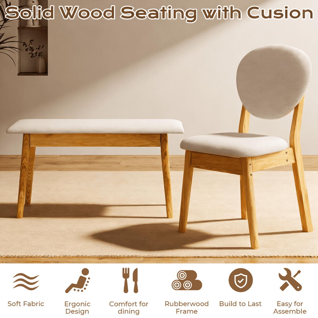 Ktaxon Solid Wood Dining Table Set for 4, Mid-Century Dining Room Table with 2 Padded Chairs & Bench, 47.3 Dining Room Set for 4 Family Use, Natural