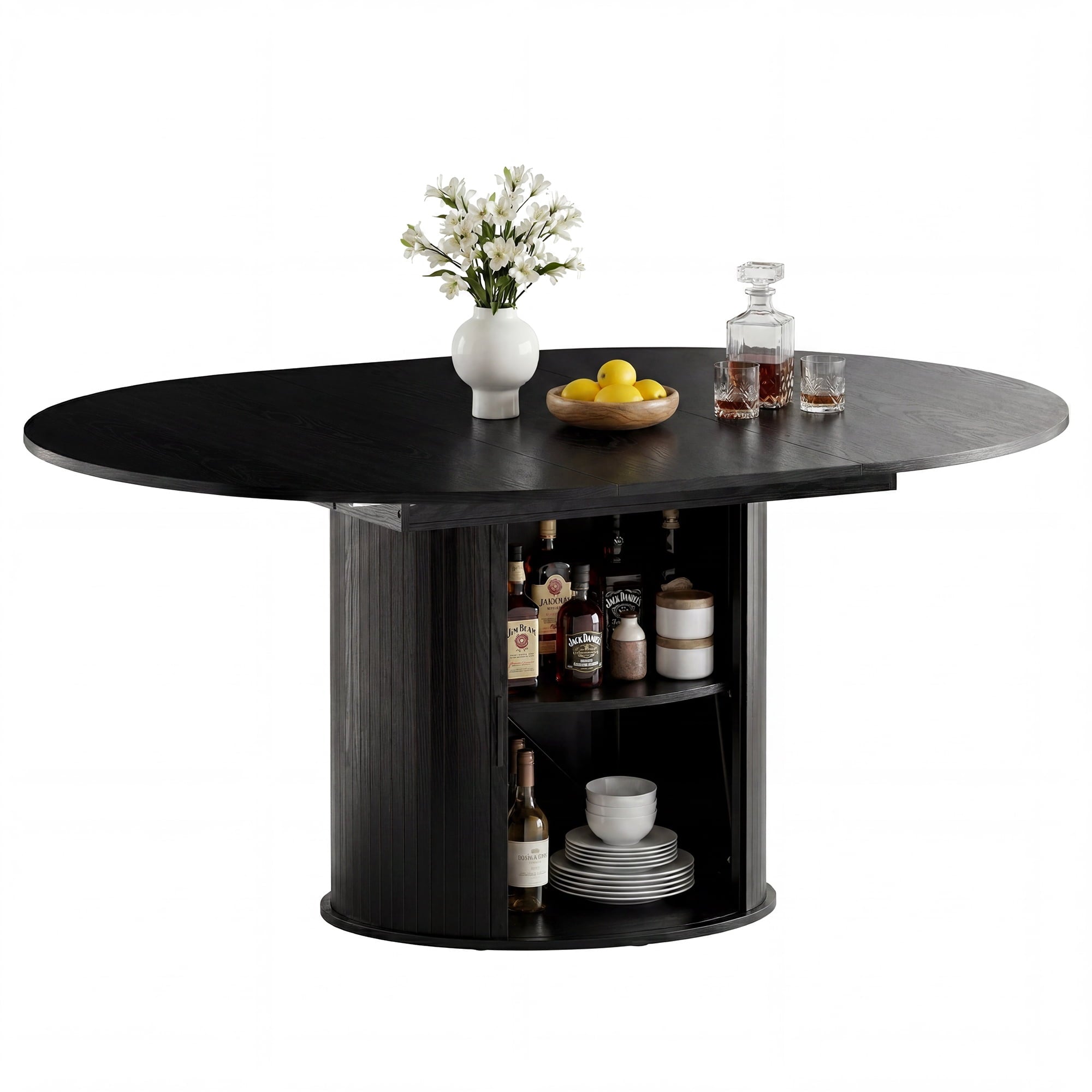 EOP 47″- 63″ Extendable Round Dining Table for 4-6, Wooden Kitchen Table with Hidden Storage and Fluted Sliding Door Cabinet, Modern Space-Saving Table for Dining Room Kitchen, Natural Wood
