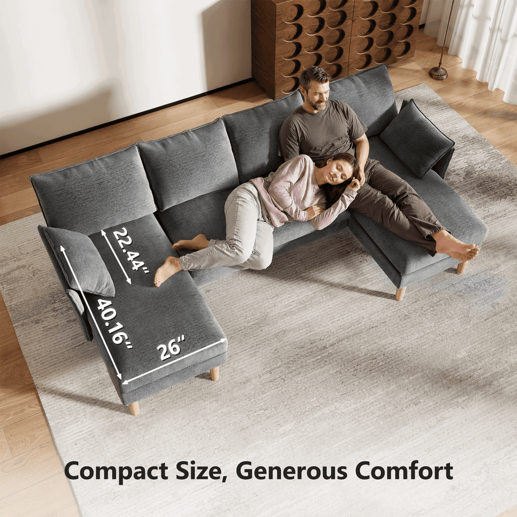 BedLuxury 100 U-Shape Sectional Sofa with Chaise, Chenille Modern Couch with High Legs for Living Room, Apartment, Gray