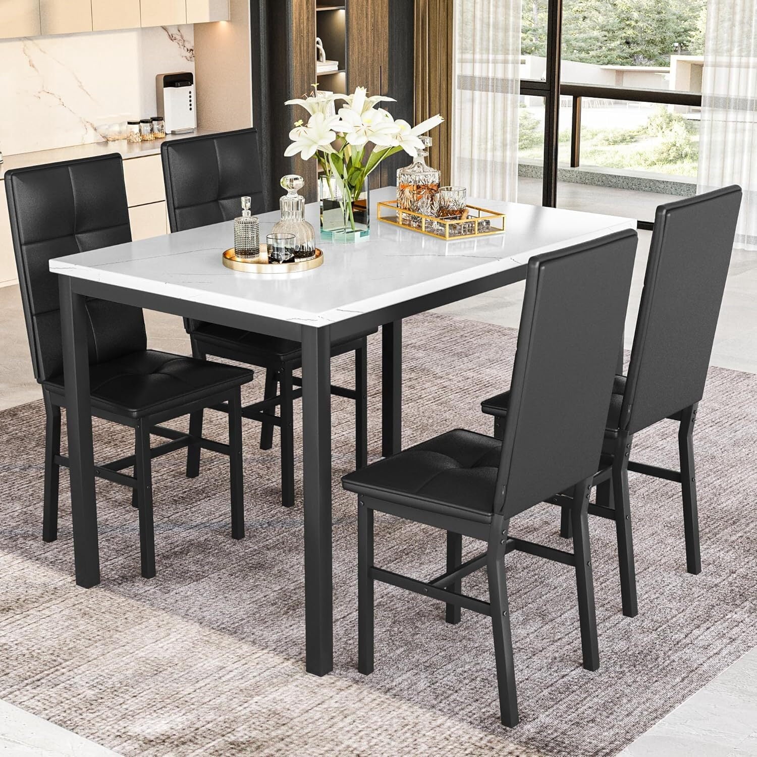 MOOSENG Dining Table Set for 4, Faux Marble Kitchen Table and Chairs Set of 4, 5-Piece Dining Room Set with PU Leather Upholstered Chairs for Small Space, Gray